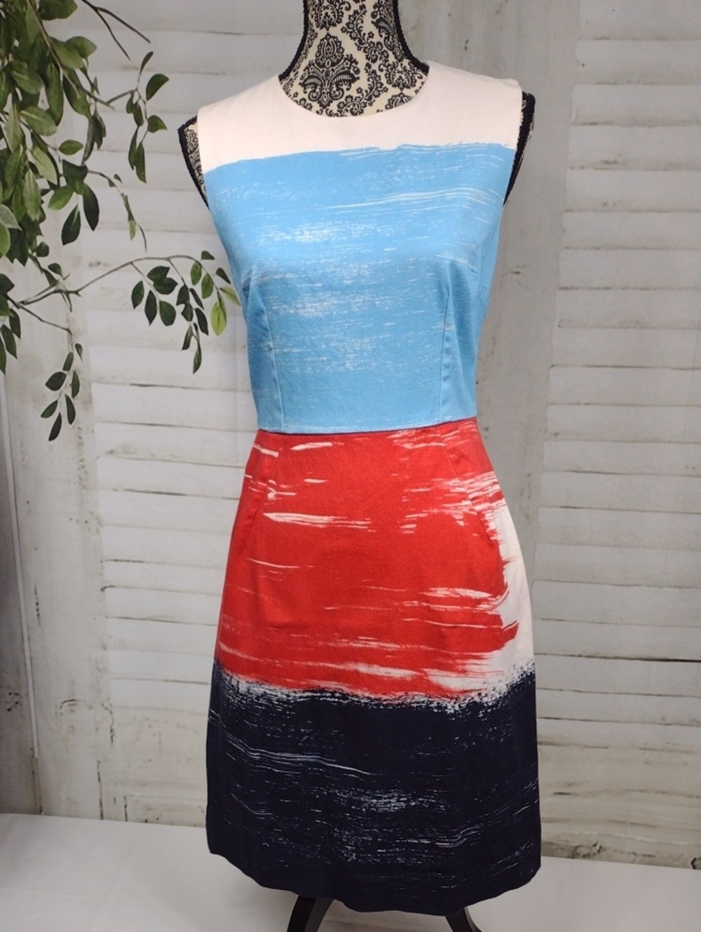 Land End Sleeveless Colorblock Brushstroke Dress in Blue, Red & Navy Size 6